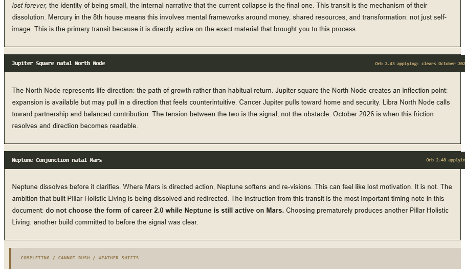 Wayfinder Extended – Astrology transit analysis section