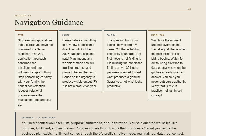 Wayfinder Life – Navigation Guidance section with four directive cards